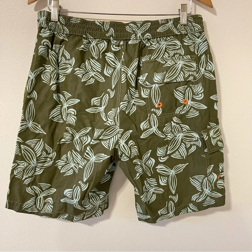 Tommy Bahama Floral Cotton Blend Swim Trunks 9” Olive Blue Mesh Liner-Medium